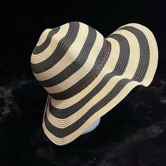 Striped Black and Tan Wide Brim Hat - Picture 6 of 7